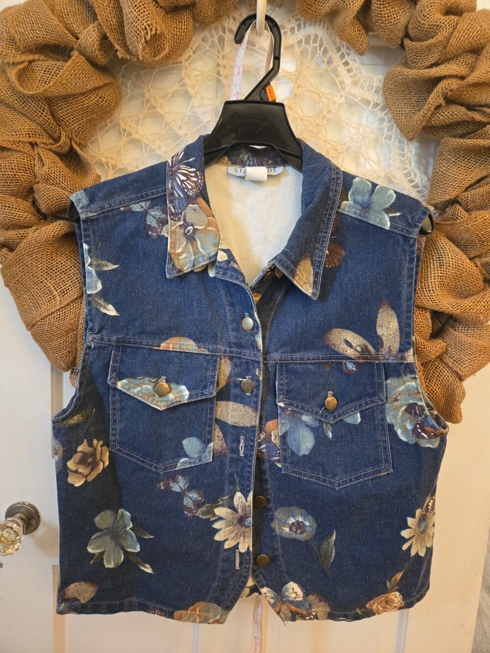 Vintage Stampede Denim Vest Floral Butterfly Print USA 100% Cotton Small
